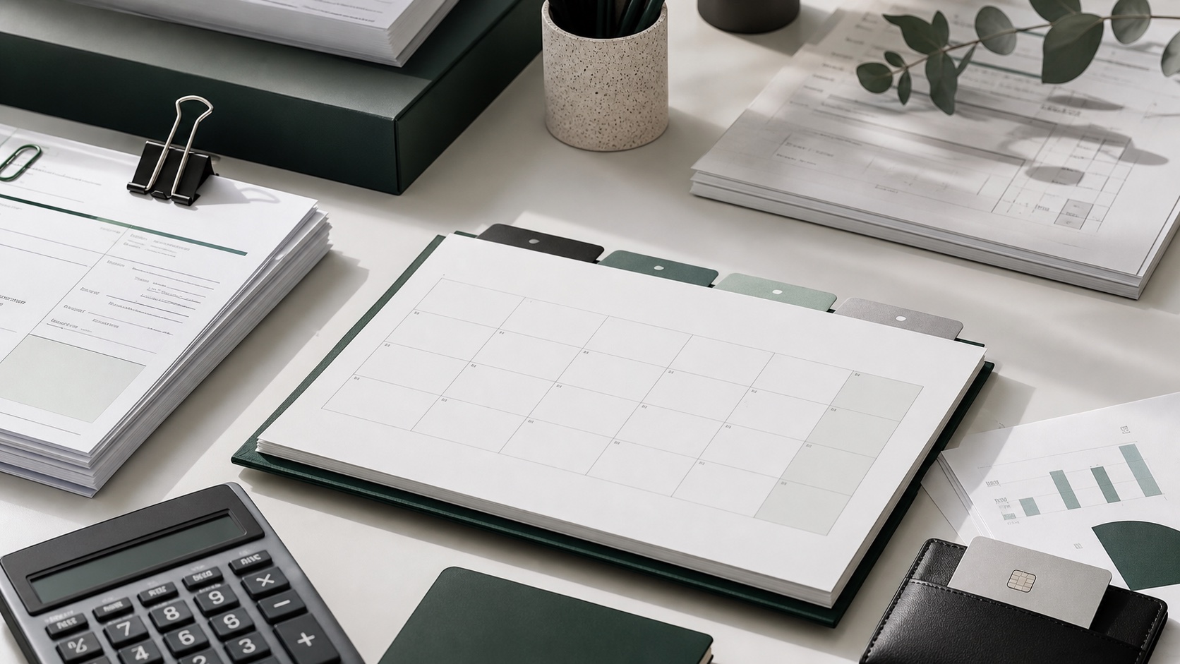Mesa editorial con calendario trimestral, calculadora, facturas y documentación fiscal para preparar IVA e IRPF
